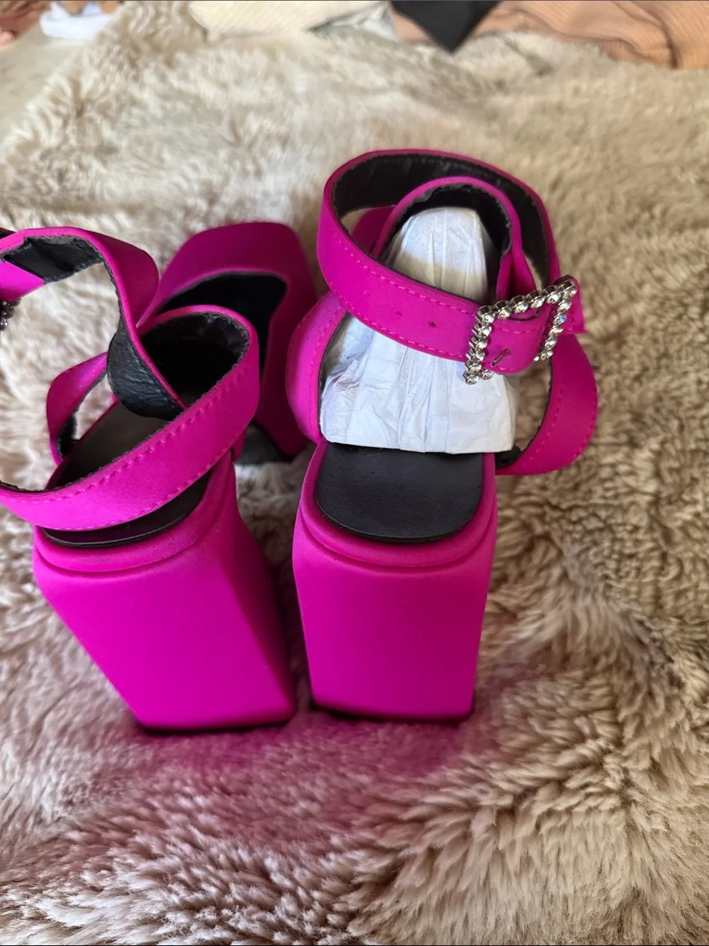 Women’s Hot Pink Square-Toe Ankle Strap Heels with Rhinestone Buckle